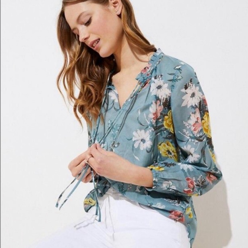LOFT Blue Green Sage Floral Ruffle Boho Tie V-Neck Blouse Artsy Festival Small
